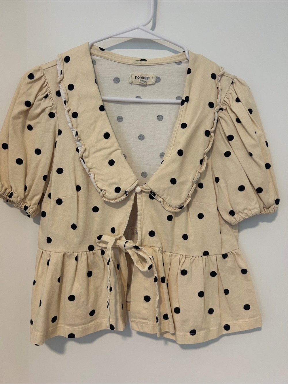 Porridge Cream Polka Dot Puff-Sleeve Peplum Blouse